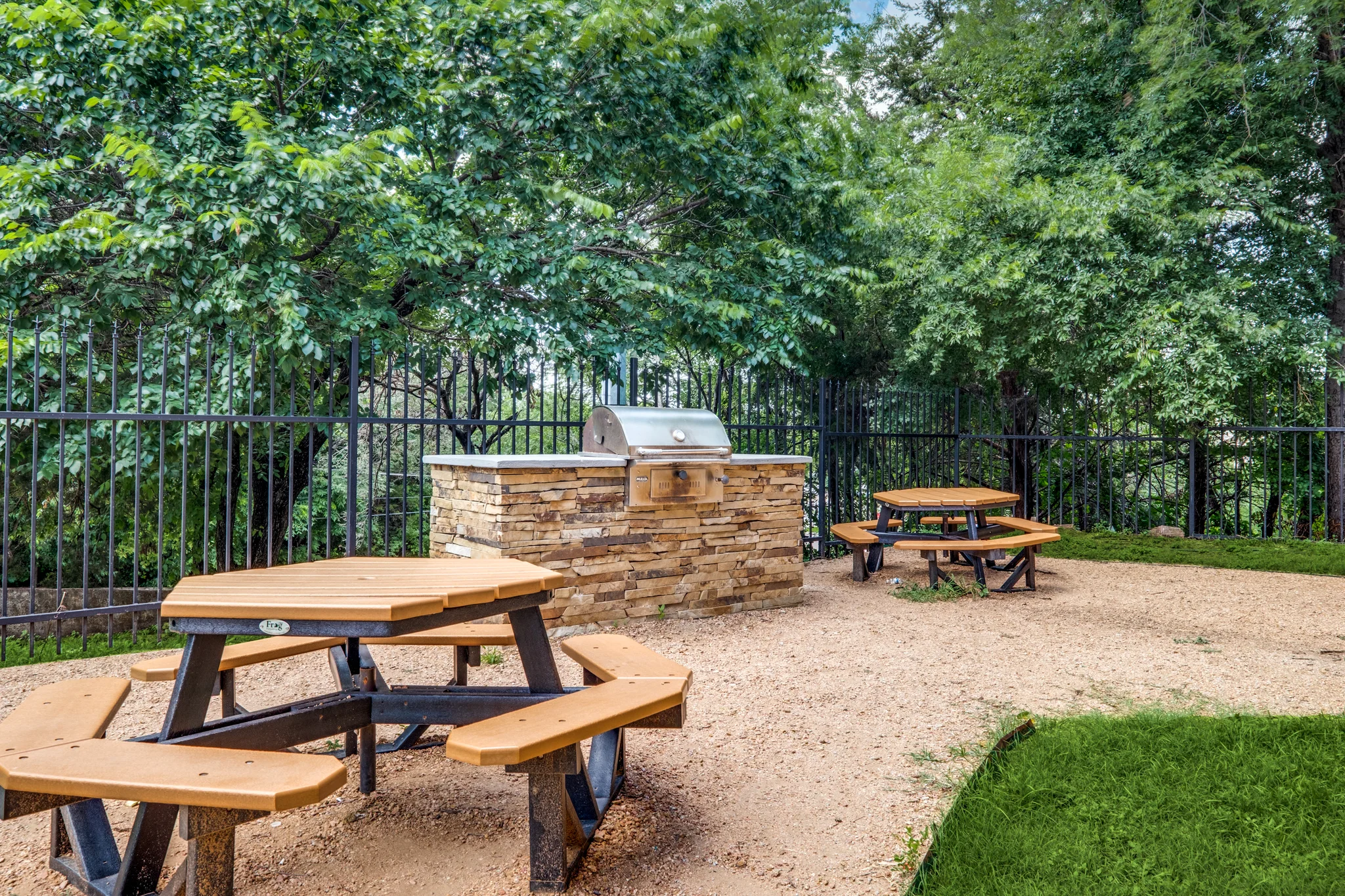 The picnic tables and the grill from the other side, with the tree canopy overhead.