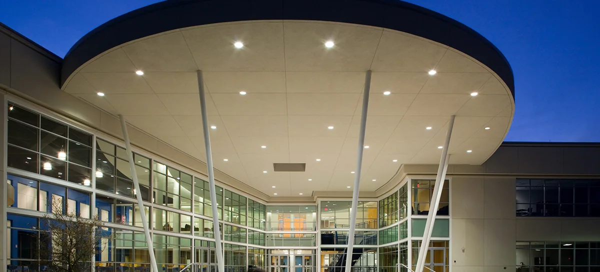 The oval entrance canopy and glass frontage at Mountain View College.