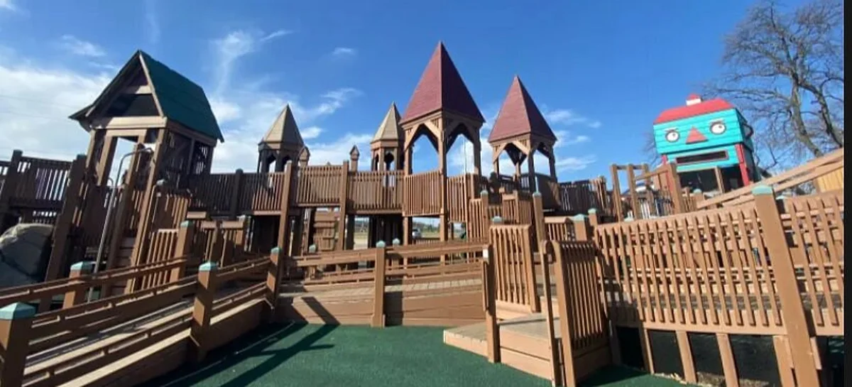 The timber castle play structure at Pecan Grove Park.