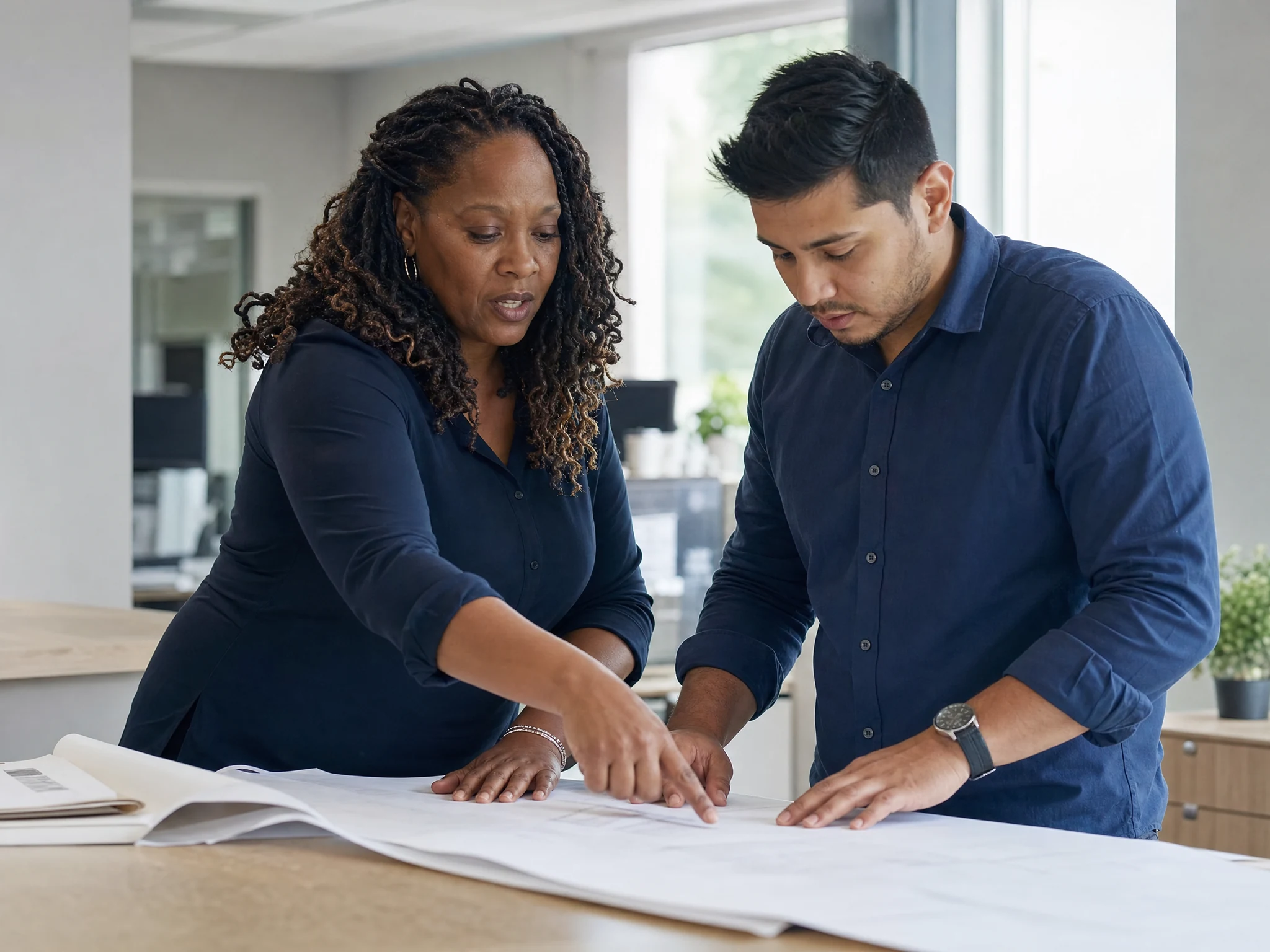 Two coworkers at a counter, one pointing something out on the drawings in front of them.