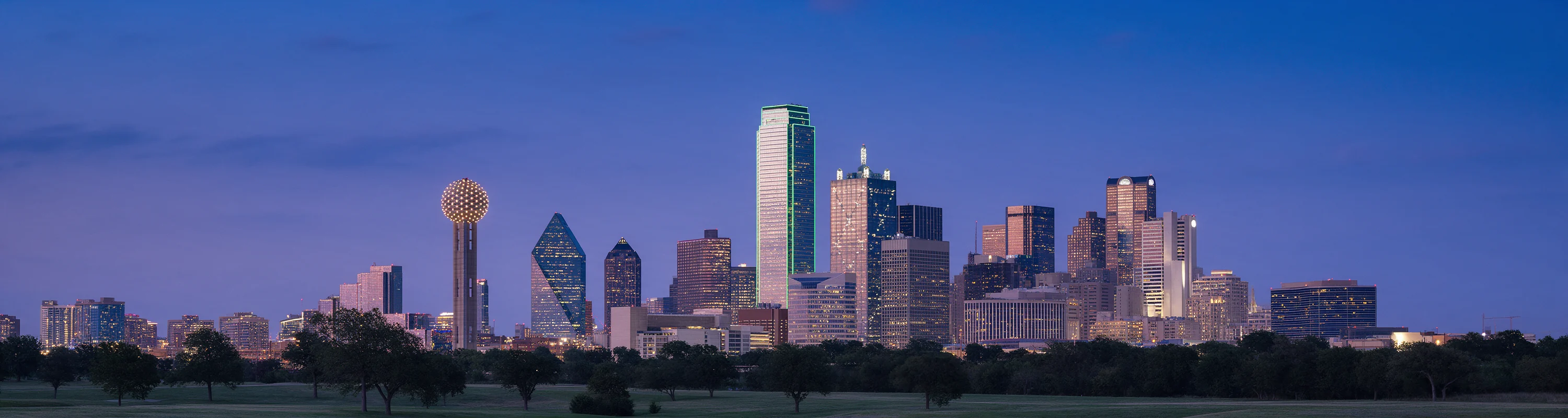 The downtown Dallas skyline at dusk, its towers lit above a low line of trees.