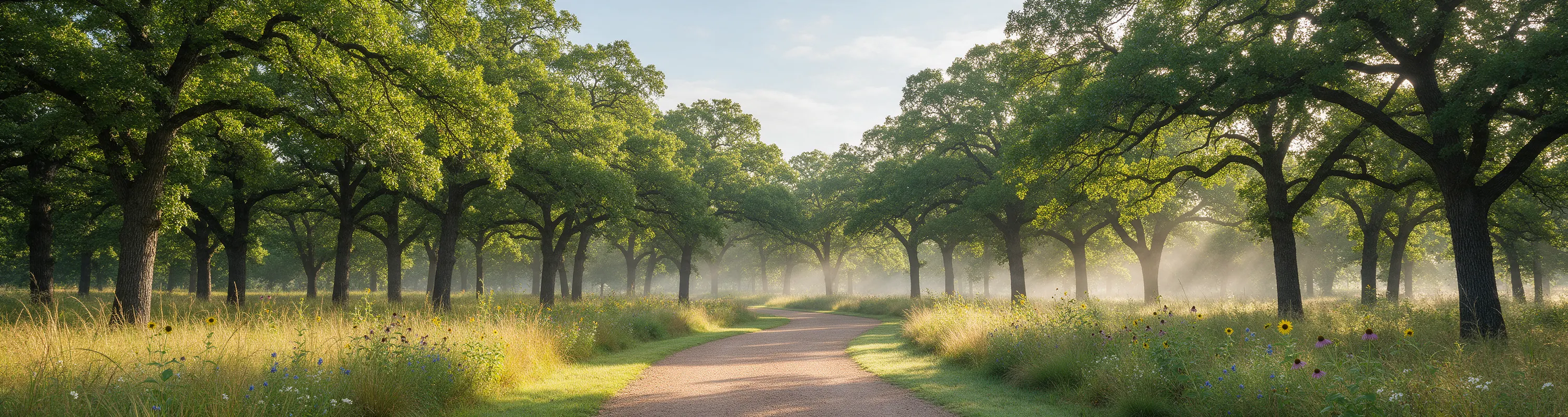 A paved trail curving away under a canopy of oaks on a misty morning.