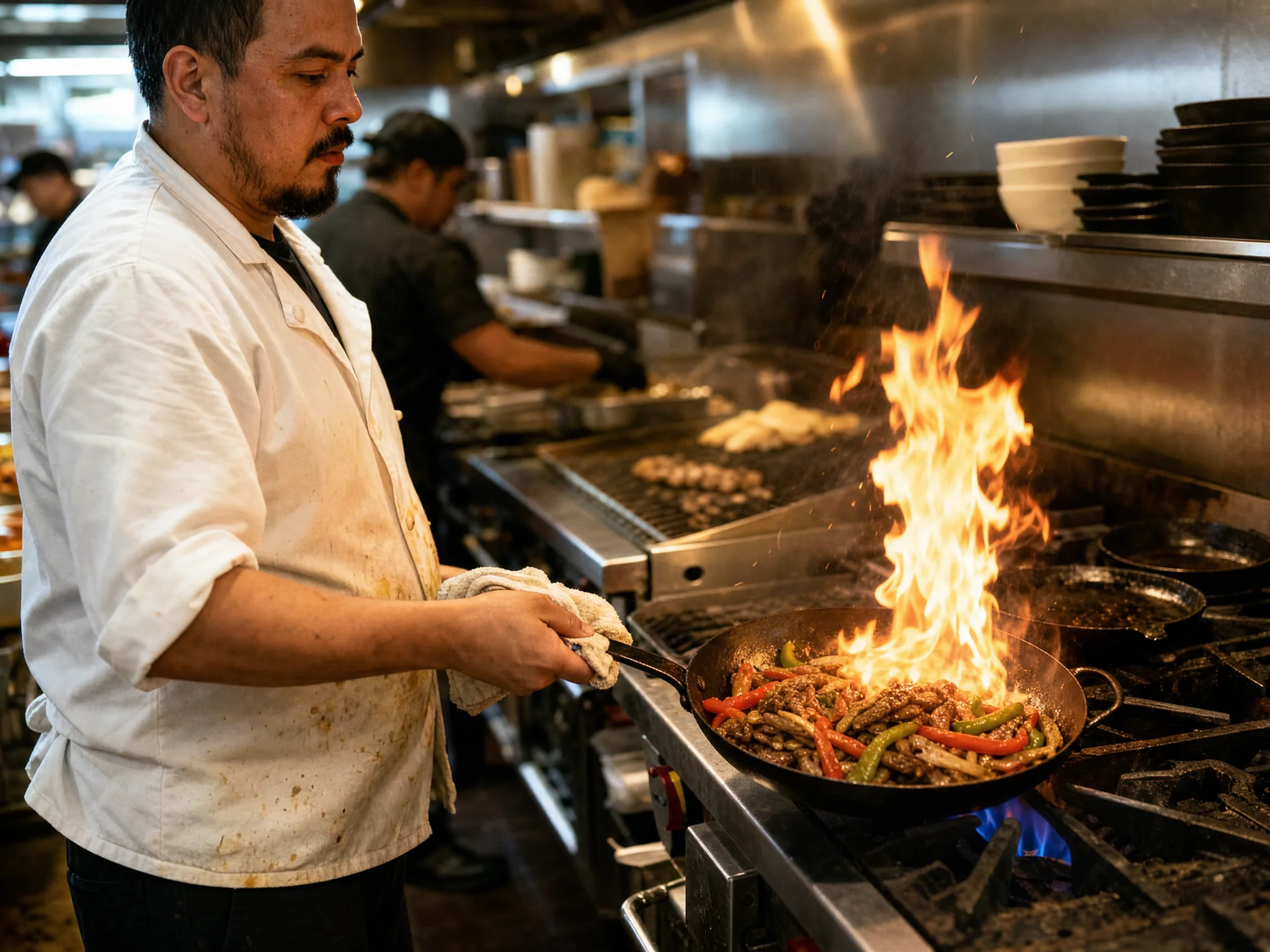 A chef at a restaurant range tossing a pan of fajita beef and peppers, a burst of flame rising out of the pan.