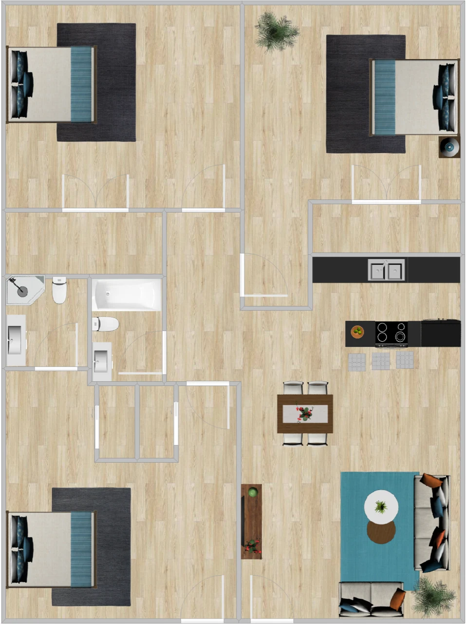 Floor plan drawing of the three bedroom, kitchen and living down one side and three bedrooms along the other.