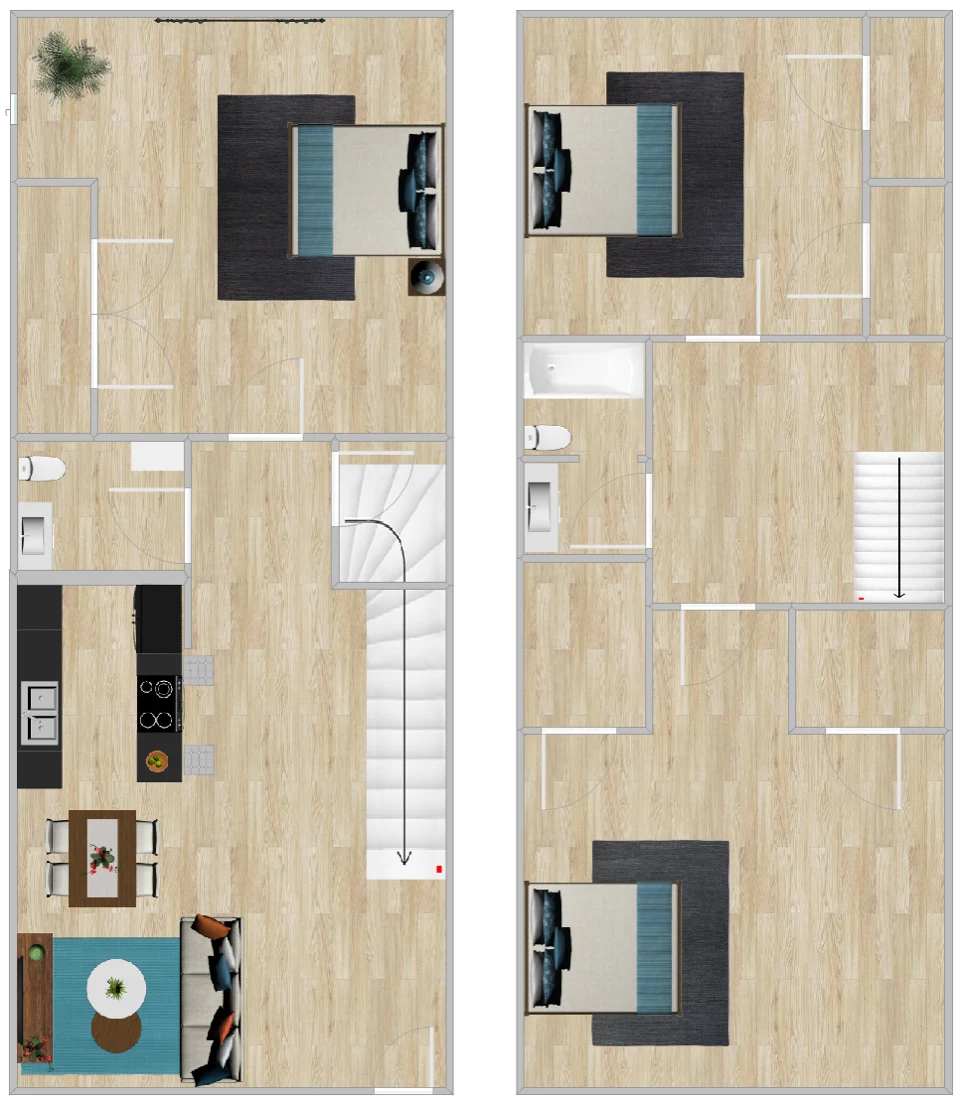 Floor plan drawing of the three bedroom townhome, both floors side by side.
